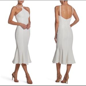 DRESS the POPULATION Off White Halter Fluted Tessa Stretch Crepe Midi Mermaid SM